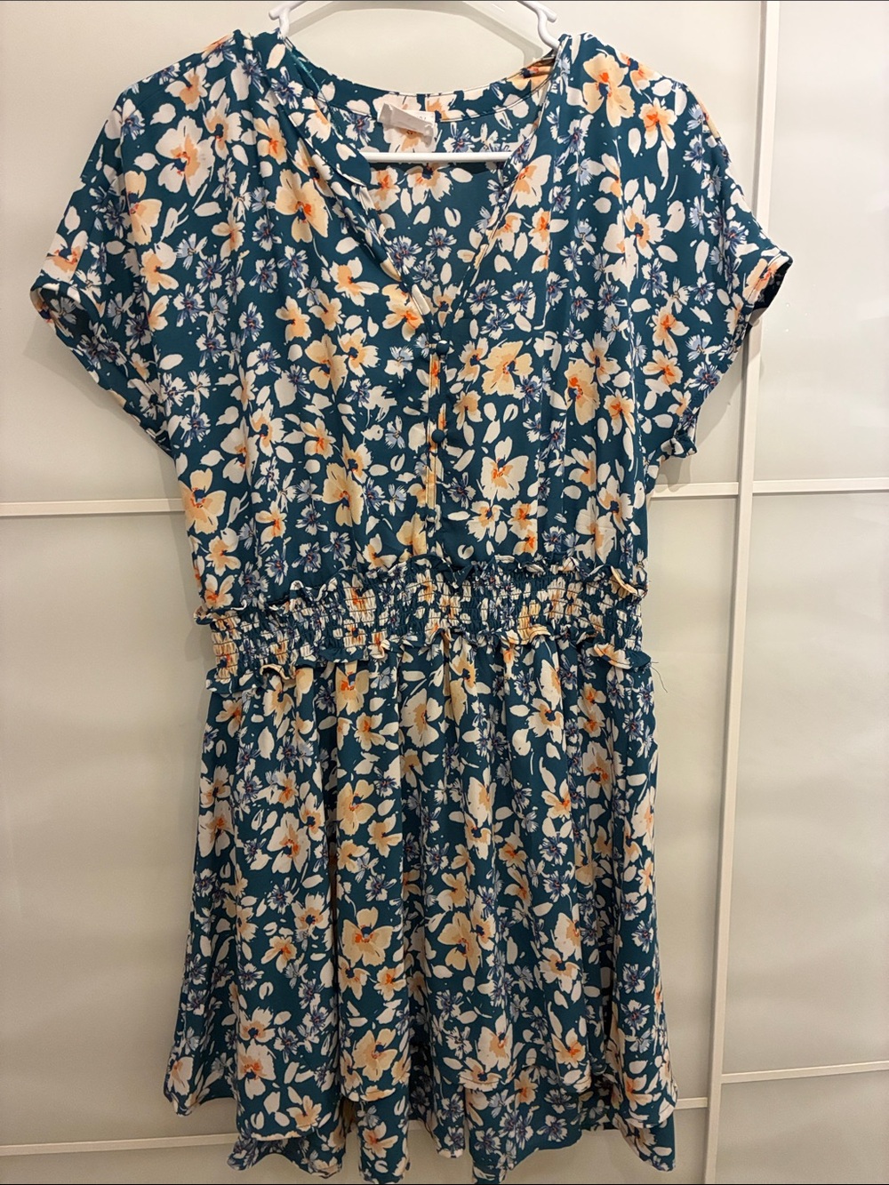 Sienna Sky Teal Floral V-Neck Smocked Mini Dress